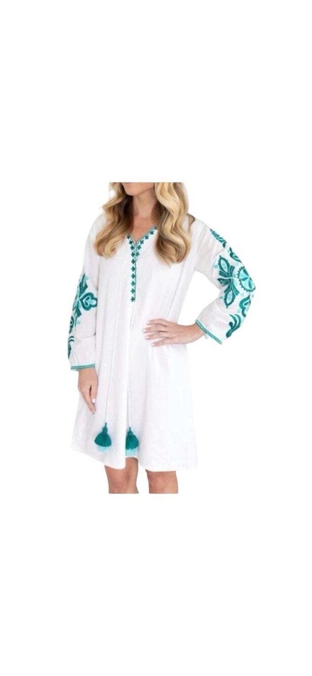 Nordstrom Bindu M Boho Embroidered Tunic Mini Dress White Aqua Teal Resort